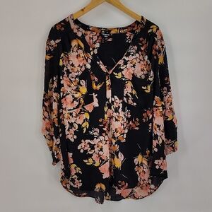 Torrid Blouse Size 3X Black Floral Top Button Sleeves V Neck Semi Sheer